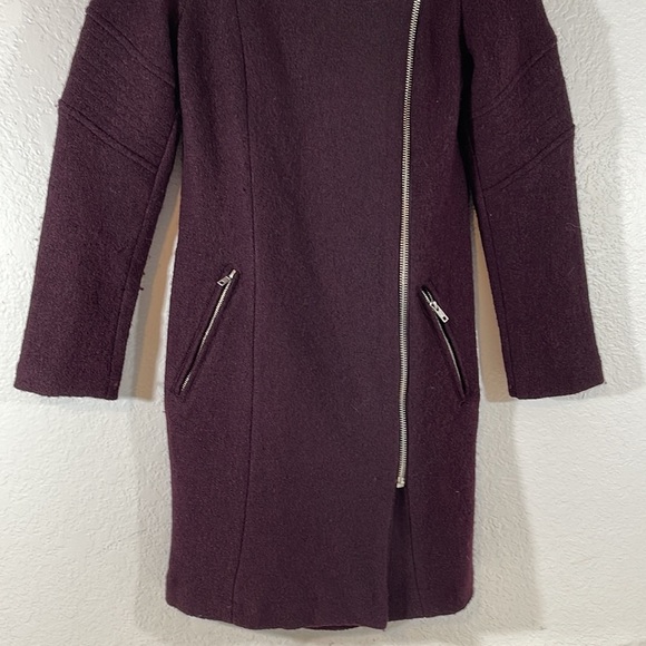 BB Dakota Maroon Wool Trench Coat With Asymmetrical Zip & Front Pockets Size XS - Picture 4 of 10
